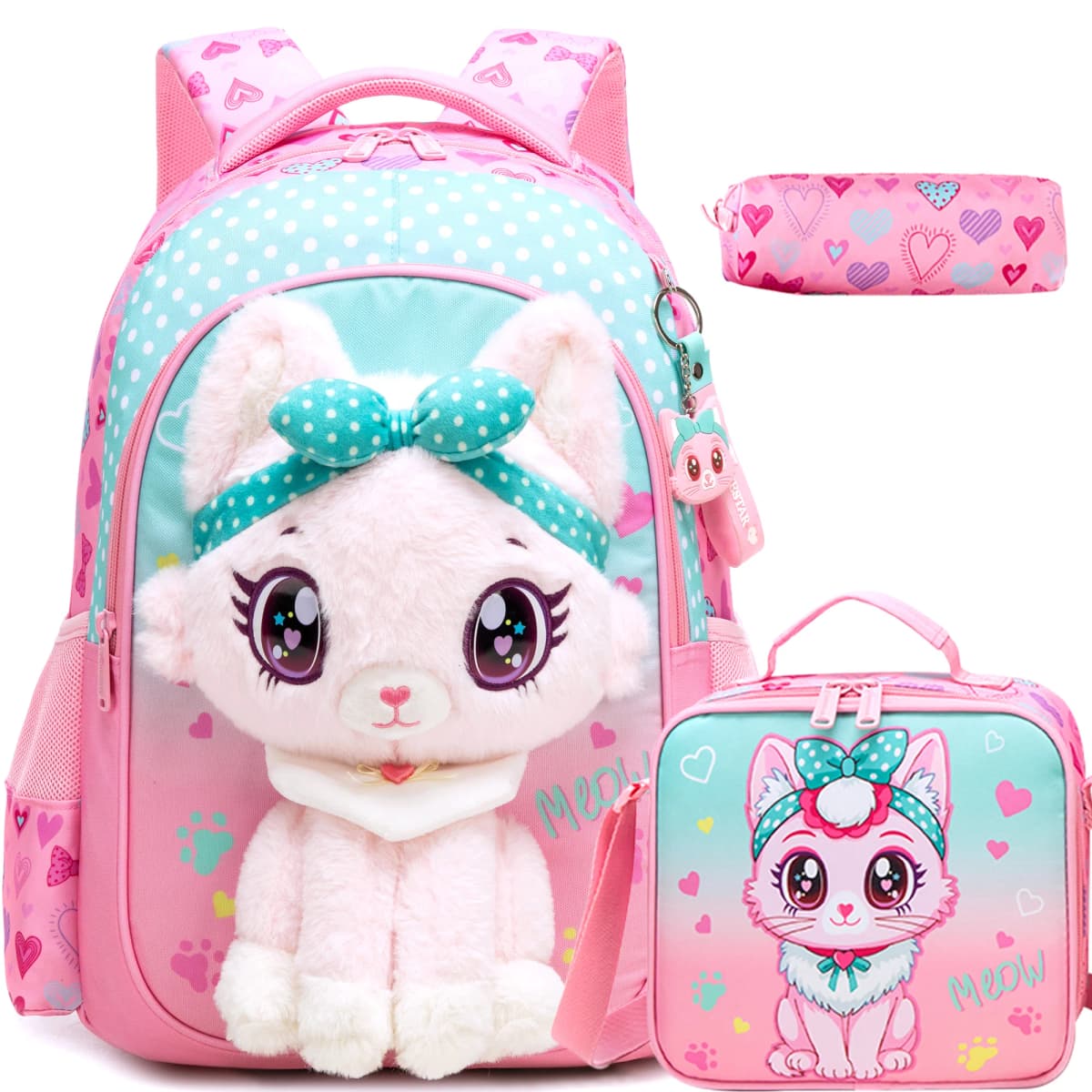 Kids Backpacks for Girls School Backpack with Lunch Bag Pencil Case for Elementary Student 3D Carton Plush Kids Travel School