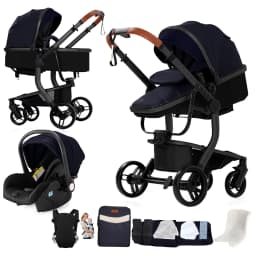 Portable Baby Stroller 3 in 1 Pram PU Leather Watertight Carriage Easy-Clean Foldable with CarSeat Newborn Buggy