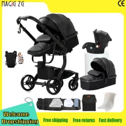 Portable Baby Stroller 3 in 1 Pram PU Leather Watertight Carriage Easy-Clean Foldable with CarSeat Newborn Buggy