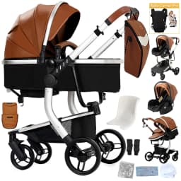 3-in-1 Stroller with Mommy Bag, Lightweight Portable Travel Stroller, Pu Leather Baby Carriage, Foldable Pram for Newborn & Toddler