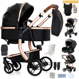 3-in-1 Stroller with Mommy Bag, Lightweight Portable Travel Stroller, Pu Leather Baby Carriage, Foldable Pram for Newborn & Toddler