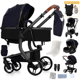 3-in-1 Stroller with Mommy Bag, Lightweight Portable Travel Stroller, Pu Leather Baby Carriage, Foldable Pram for Newborn & Toddler