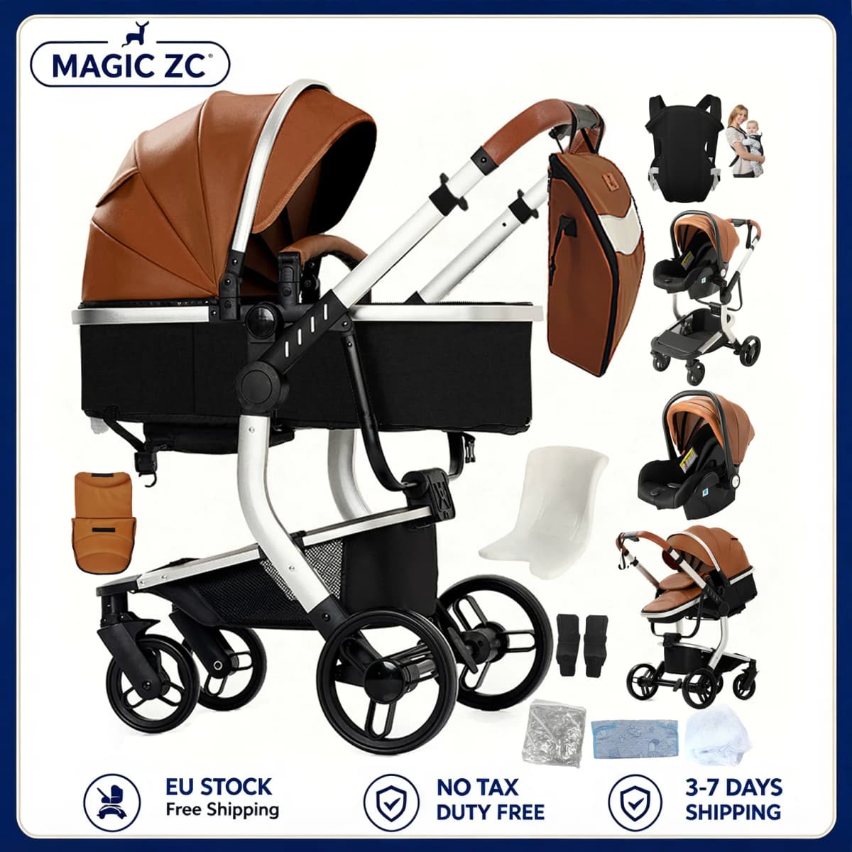 3-in-1 Stroller with Mommy Bag, Lightweight Portable Travel Stroller, Pu Leather Baby Carriage, Foldable Pram for Newborn & Toddler