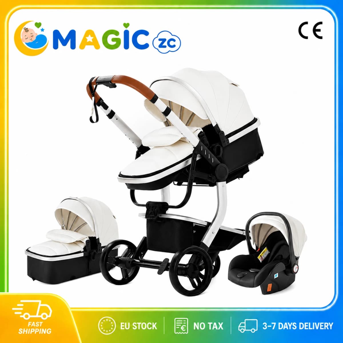 Luxury 3 in 1 Baby Stroller Travel System with Car Seat High Landscape Reversible Foldable Pushchair PU Leather Canopy Foot Cover Handle Aluminium Frame EVA Wheels Carrycot Premium Newborn Pram Baby Carriage for Toddler Up to 20kg