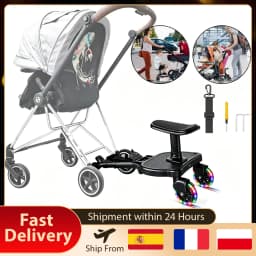 Adjustable Stroller Ride-On Board Universal Buggy Board with Seat Auxiliary Pedal Stand 360° Rotating Flashing Wheels Anti-Slip Buggy Board for 2-6 Years Kids, Max Load 55lbs