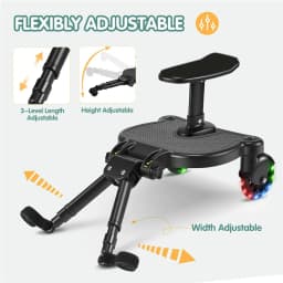 Adjustable Stroller Ride-On Board Universal Buggy Board with Seat Auxiliary Pedal Stand 360° Rotating Flashing Wheels Anti-Slip Buggy Board for 2-6 Years Kids, Max Load 55lbs