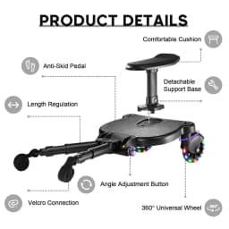 Adjustable Stroller Ride-On Board Universal Buggy Board with Seat Auxiliary Pedal Stand 360° Rotating Flashing Wheels Anti-Slip Buggy Board for 2-6 Years Kids, Max Load 55lbs