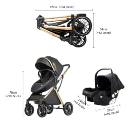 3 in 1 Baby Stroller with Adjustable Canopy Aluminum Frame and Five Point Harness Convertible Baby Stroller Baby Travel System for Newborn to Toddler with Foldable Shock Absorbing Wheels for City Shopping Walks and Family Trips