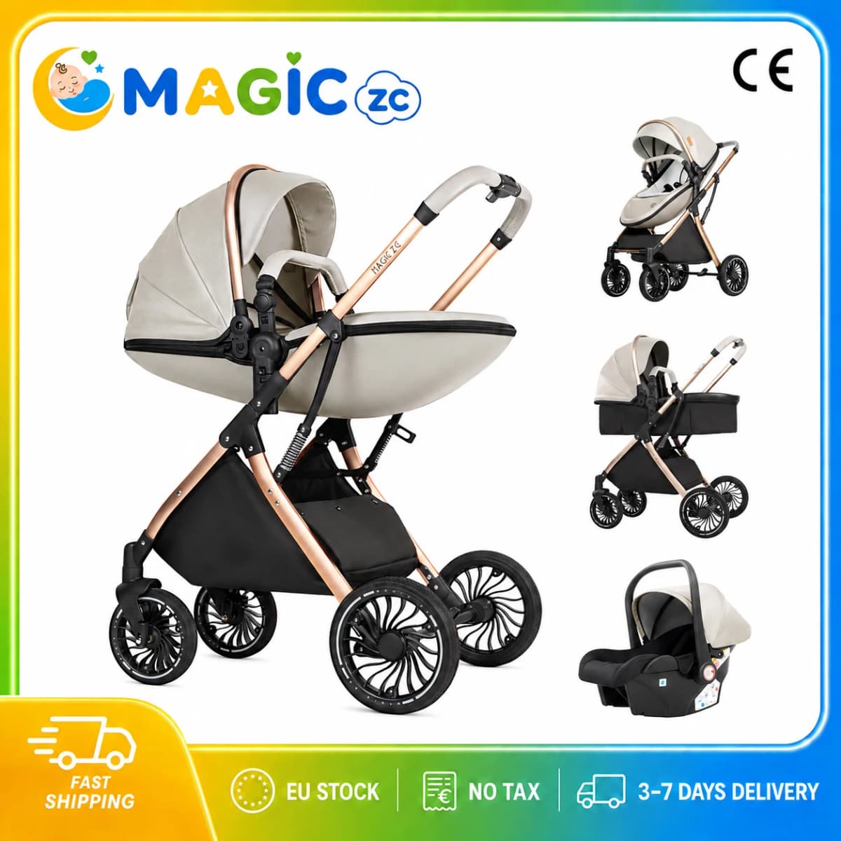 3 in 1 Baby Stroller with Adjustable Canopy Aluminum Frame and Five Point Harness Convertible Baby Stroller Baby Travel System for Newborn to Toddler with Foldable Shock Absorbing Wheels for City Shopping Walks and Family Trips