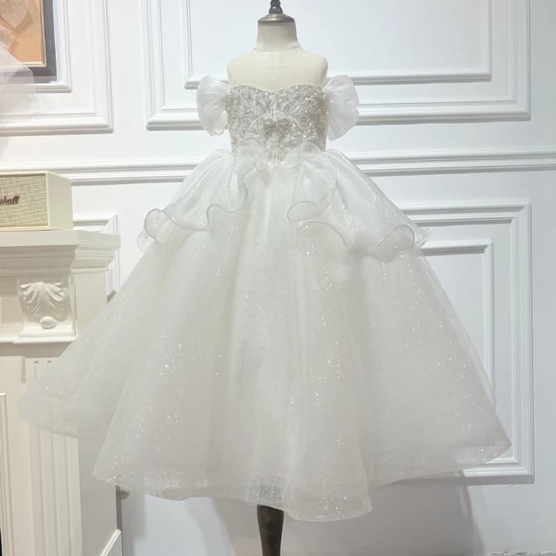 Children Girls Formal Silver White Sequin Elegant Tutu Kids Flower Girl Wedding Birthday Party Host Piano Princess Gown Clothes