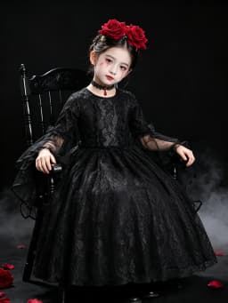 Kids Day of The Dead Fancy Dress Black Mesh Long‑Sleeve Gown Rose Accessories Set Girls Halloween Vampire Party Costume
