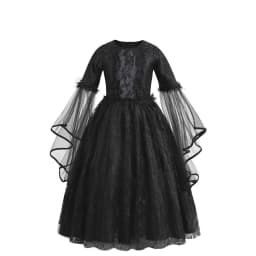 Kids Day of The Dead Fancy Dress Black Mesh Long‑Sleeve Gown Rose Accessories Set Girls Halloween Vampire Party Costume