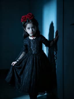 Kids Day of The Dead Fancy Dress Black Mesh Long‑Sleeve Gown Rose Accessories Set Girls Halloween Vampire Party Costume