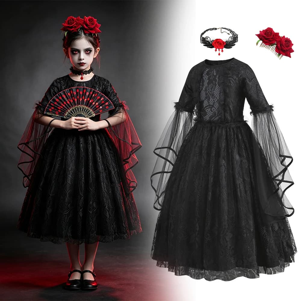 Kids Day of The Dead Fancy Dress Black Mesh Long‑Sleeve Gown Rose Accessories Set Girls Halloween Vampire Party Costume