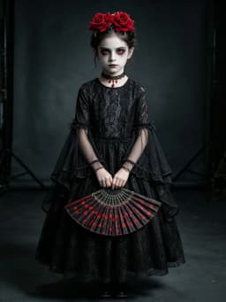 Kids Day of The Dead Fancy Dress Black Mesh Long‑Sleeve Gown Rose Accessories Set Girls Halloween Vampire Party Costume