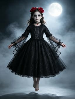 Kids Day of The Dead Fancy Dress Black Mesh Long‑Sleeve Gown Rose Accessories Set Girls Halloween Vampire Party Costume