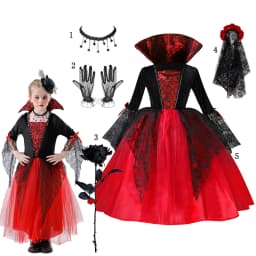 Kids Day of The Dead Fancy Dress Black Mesh Long‑Sleeve Gown Rose Accessories Set Girls Halloween Vampire Party Costume