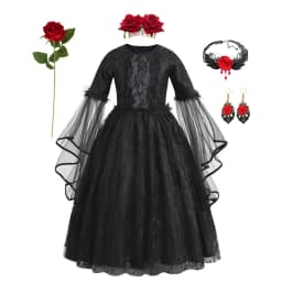 Kids Day of The Dead Fancy Dress Black Mesh Long‑Sleeve Gown Rose Accessories Set Girls Halloween Vampire Party Costume