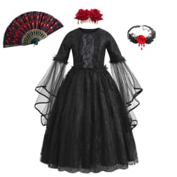 Kids Day of The Dead Fancy Dress Black Mesh Long‑Sleeve Gown Rose Accessories Set Girls Halloween Vampire Party Costume