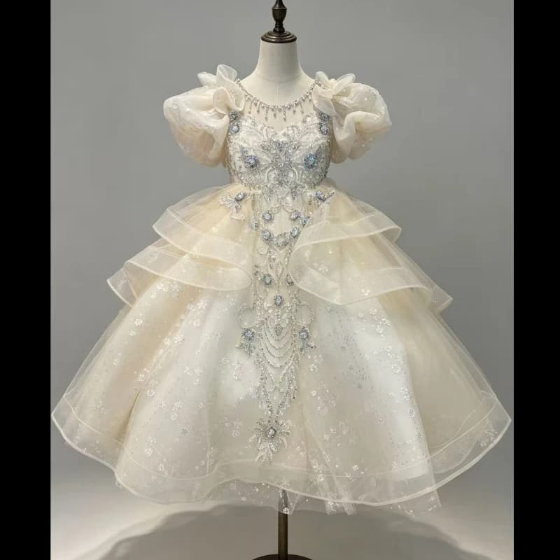 2026 Children Girls Formal Multi Layer Long Tutu Birthday Party New Kids Flower Girl Wedding Piano Elegant Princess Gown Costume