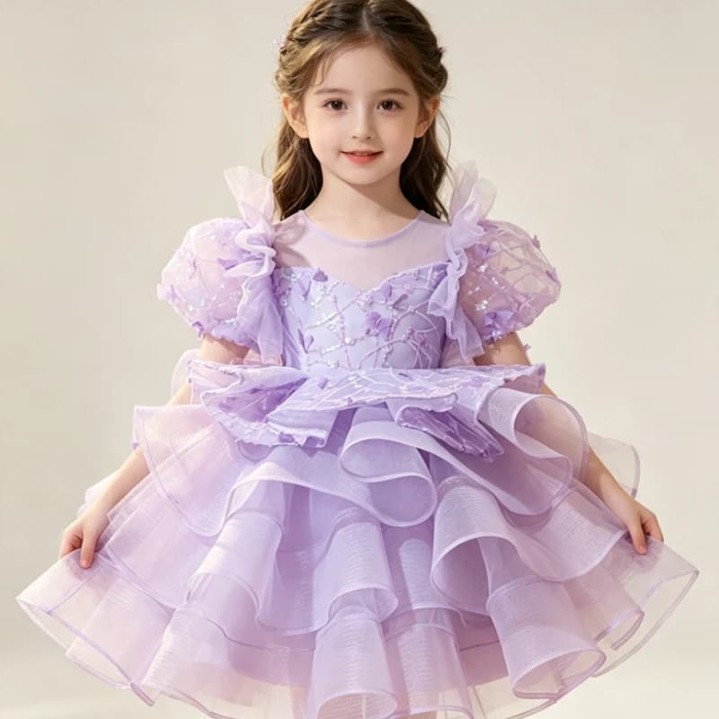 Kids Formal Purple Girls Princess Gown Birthday Party Banquet Elegant Fashion Flower Girl Children Lace Tutu Sweet Cute Clothes