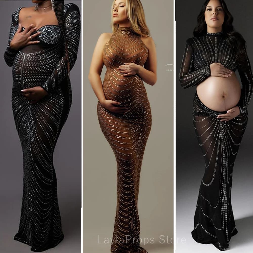 Maternity Dresses For Photo Shoot Maxi Evening Sexy Pregnant Women Elegant Sleeveless Bodycon Party Stretchy Rhinestone Body-con