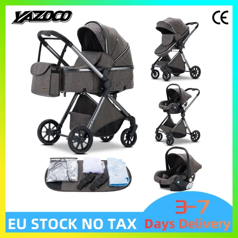 3‑in‑1 Luxurious Elevated‑View Folding Baby Stroller, Aluminum Frame, Multi‑Position Recline for Newborn