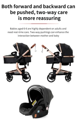 3-in-1 Luxury Baby Stroller, High Landscape Newborn Pram Carriage with Waterproof PU Leather, Two-Way Reversible Push Handle, Reclining Bassinet Sleeping Basket, Shock Absorption Suspension and One-Click Folding