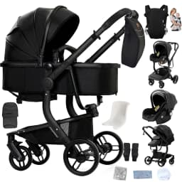 3-in-1 Luxury Baby Stroller, High Landscape Newborn Pram Carriage with Waterproof PU Leather, Two-Way Reversible Push Handle, Reclining Bassinet Sleeping Basket, Shock Absorption Suspension and One-Click Folding