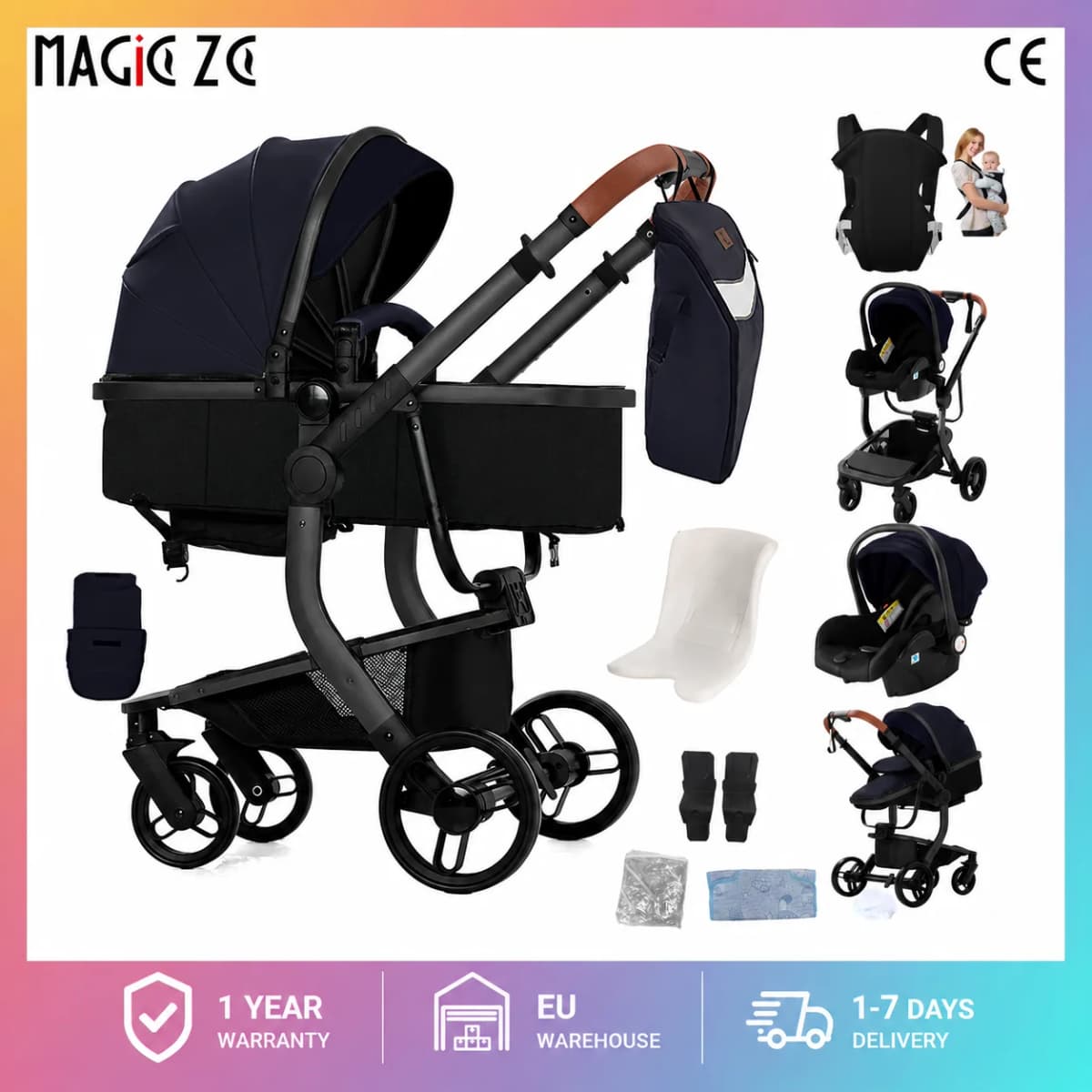 3-in-1 Luxury Baby Stroller, High Landscape Newborn Pram Carriage with Waterproof PU Leather, Two-Way Reversible Push Handle, Reclining Bassinet Sleeping Basket, Shock Absorption Suspension and One-Click Folding