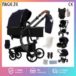 3-in-1 Luxury Baby Stroller, High Landscape Newborn Pram Carriage with Waterproof PU Leather, Two-Way Reversible Push Handle, Reclining Bassinet Sleeping Basket, Shock Absorption Suspension and One-Click Folding