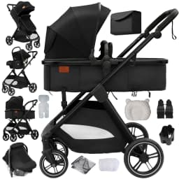 3 in 1 Lightweight Baby Stroller Travel System Slim Design Foldable Pushchair Infant Safety Car Seat Combo Portable Bassinet High Landscape Pram with Leather Handle Large Storage Basket Full Accessories Set for Newborns