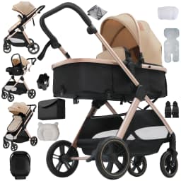 3 in 1 Lightweight Baby Stroller Travel System Slim Design Foldable Pushchair Infant Safety Car Seat Combo Portable Bassinet High Landscape Pram with Leather Handle Large Storage Basket Full Accessories Set for Newborns
