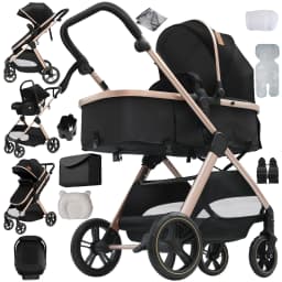 3 in 1 Lightweight Baby Stroller Travel System Slim Design Foldable Pushchair Infant Safety Car Seat Combo Portable Bassinet High Landscape Pram with Leather Handle Large Storage Basket Full Accessories Set for Newborns