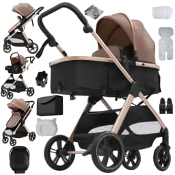 3 in 1 Lightweight Baby Stroller Travel System Slim Design Foldable Pushchair Infant Safety Car Seat Combo Portable Bassinet High Landscape Pram with Leather Handle Large Storage Basket Full Accessories Set for Newborns
