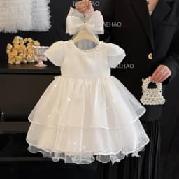 New Children White Cake Tutu Formal Princess Gown Baby Girls First Birthday Party Elegant Simple Flower Girl Host Dress Costume
