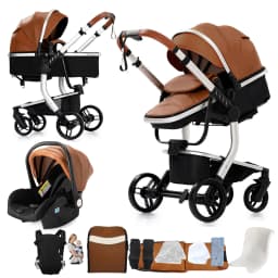 PU Leather High Landscape Baby Stroller Waterproof Easy- clean Newborn Pram Foldable Baby Pushchair with Car Seat Travel Carriage New