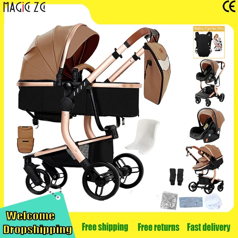 PU Leather High Landscape Baby Stroller Waterproof Easy- clean Newborn Pram Foldable Baby Pushchair with Car Seat Travel Carriage New