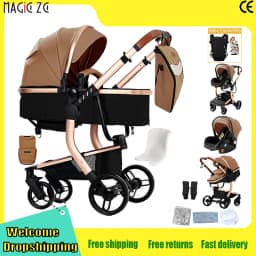 PU Leather High Landscape Baby Stroller Waterproof Easy- clean Newborn Pram Foldable Baby Pushchair with Car Seat Travel Carriage New