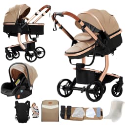 PU Leather High Landscape Baby Stroller Waterproof Easy- clean Newborn Pram Foldable Baby Pushchair with Car Seat Travel Carriage New