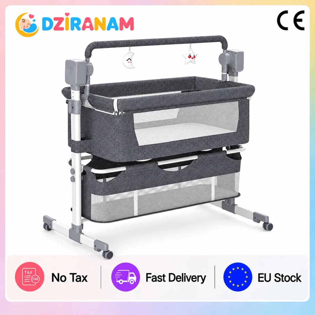 Electric Baby Swing Five Speed Gentle Rocking with Remote Control Music Timing Three Level Height Adjustment Baby Cradle Swing Bedside Bassinet for Newborn Infant Bedroom Nursery Night Care Storage Basket and Mosquito Net