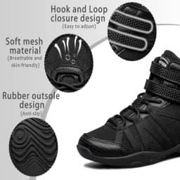 BAXINIER Black High Top Cheer Shoes for Youth Girls Boys Cheerleading Sneakers Ankle Support Breathable Mesh Hook Loop Closure Soft Insole Anti-Slip Rubber Outsole Athletic Training Dance
