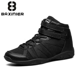 BAXINIER Black High Top Cheer Shoes for Youth Girls Boys Cheerleading Sneakers Ankle Support Breathable Mesh Hook Loop Closure Soft Insole Anti-Slip Rubber Outsole Athletic Training Dance