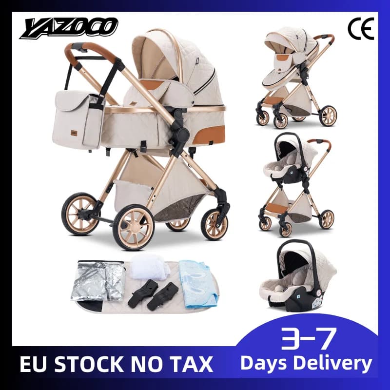 3‑in‑1 Luxurious Elevated View Baby Stroller, One‑Hand Foldable Travel Pram, Aluminum Frame, Breathable Mesh Seat, Multi‑Position Recline for Newborns