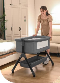 Baby Bedside Crib for Newborn 0-12 Months Adjustable Bassinet Infant Cot with Side Opening 3 Height Levels Foam Mattress Mosquito Net Storage Basket Changing Table 4 Lockable Swivel Wheels Manual Rocking Portable Iron Frame