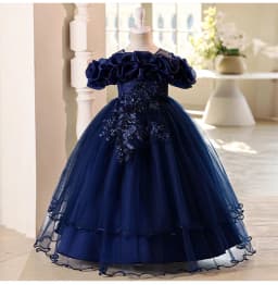 New High-End Luxury Flower Girl Wedding Show Performance Dress for Girls, Puff Sleeve Sequin Princess Dress