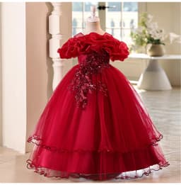 New High-End Luxury Flower Girl Wedding Show Performance Dress for Girls, Puff Sleeve Sequin Princess Dress