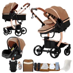 Baby Stroller 3 in 1 PU Leather Newborns Travel Carriage Luxury Compact Foldable Baby Cars Pram with Car Seat Watertight Buggy