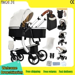 Baby Stroller 3 in 1 PU Leather Newborns Travel Carriage Luxury Compact Foldable Baby Cars Pram with Car Seat Watertight Buggy