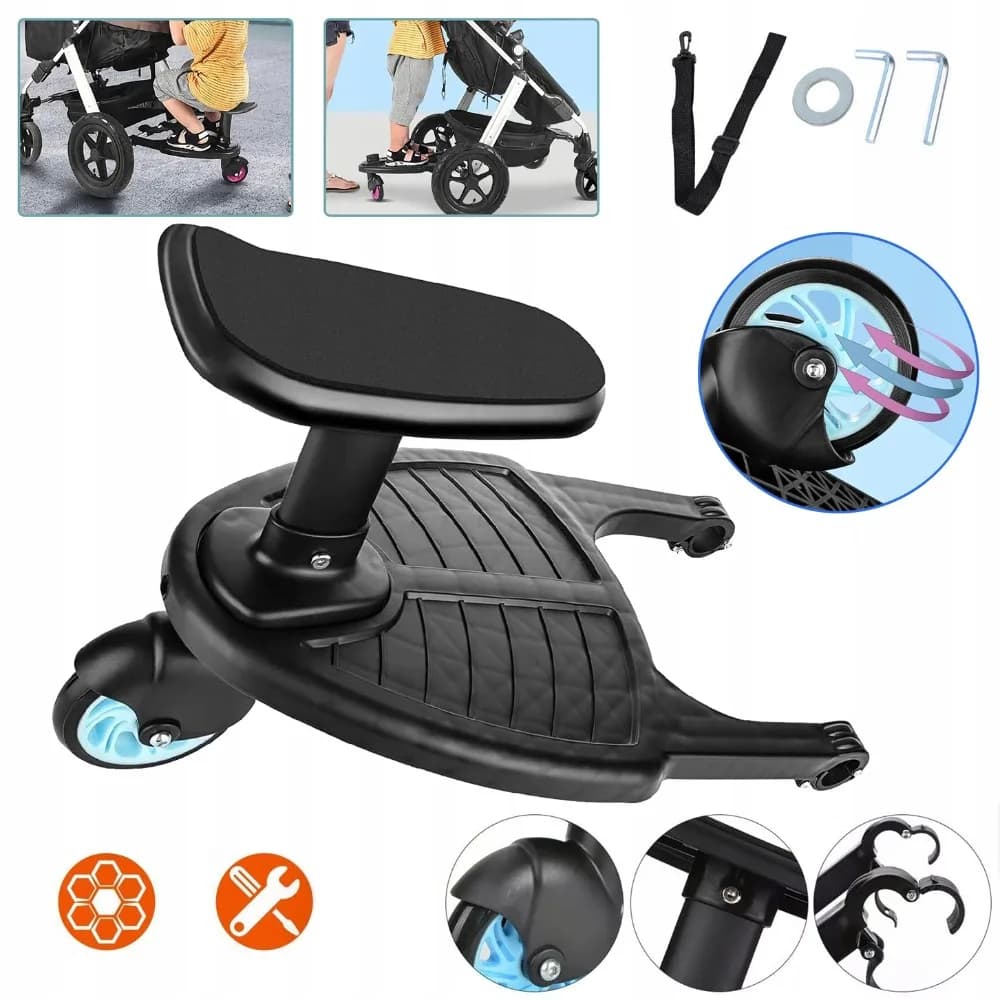 Wheeled Stroller Board with Seat, with Pushchairs Extra-Large Platform, Standing Pedal with Sitting Seat Stroller Accessory